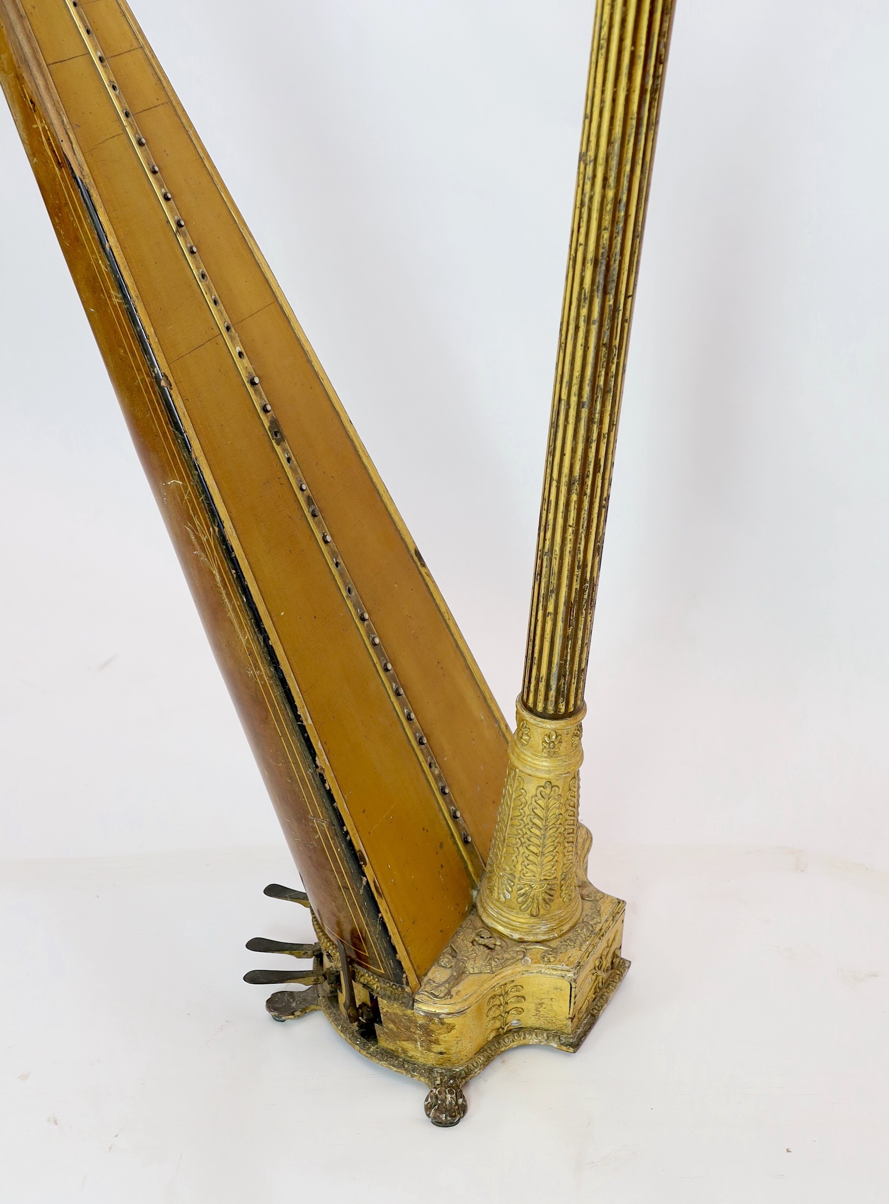 A mid 19th century J.Schwieso giltwood, satinwood and rosewood 'Grecian' concert harp, width 84cm, height 170cm.